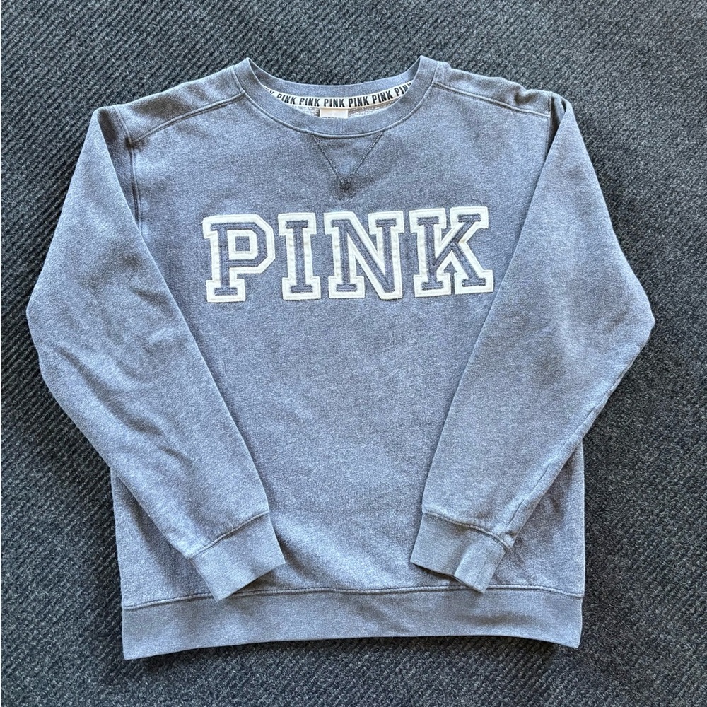 Victoria’s Secret Pink Embroidered Sweater Women’s Small Gray White Logo Fleece